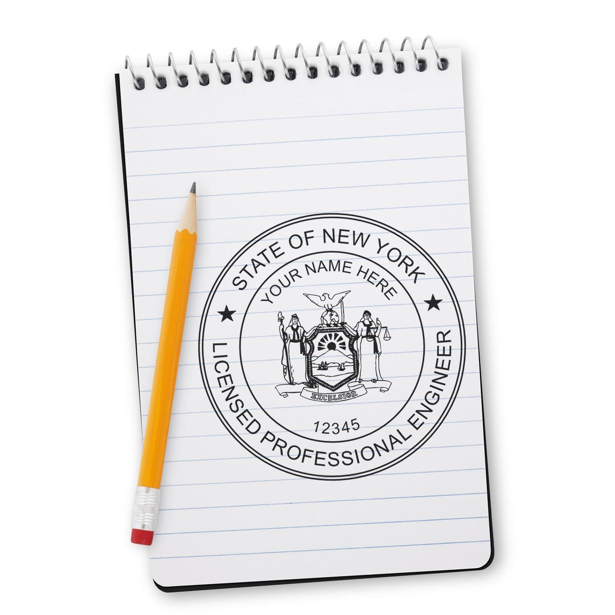 A lifestyle photo showing a stamped image of the New York Professional Engineer Seal Stamp on a piece of paper