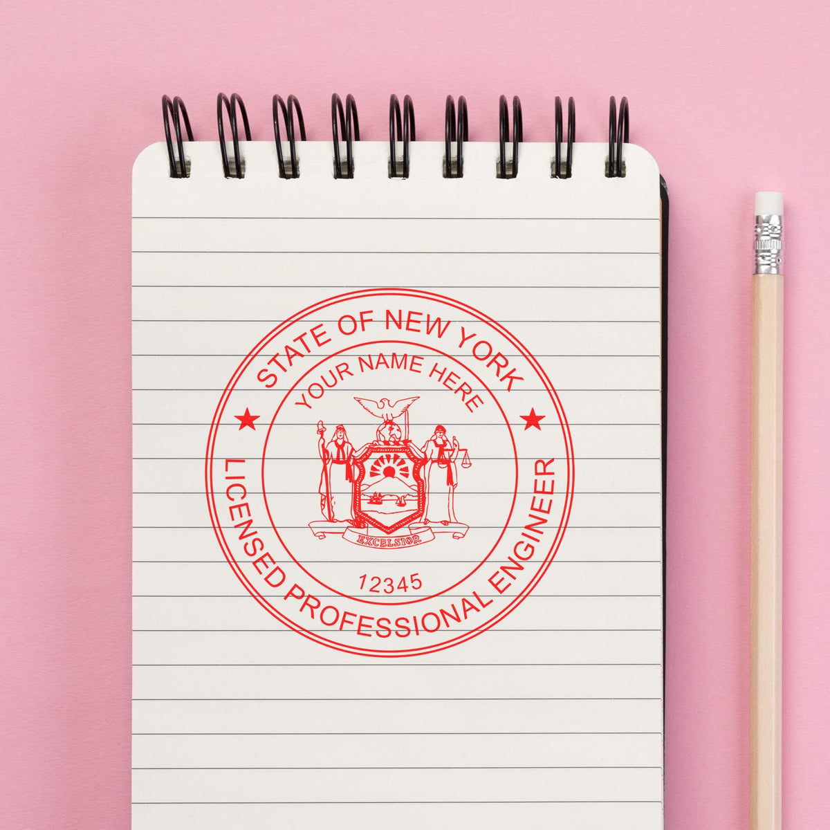 A lifestyle photo showing a stamped image of the New York Professional Engineer Seal Stamp on a piece of paper