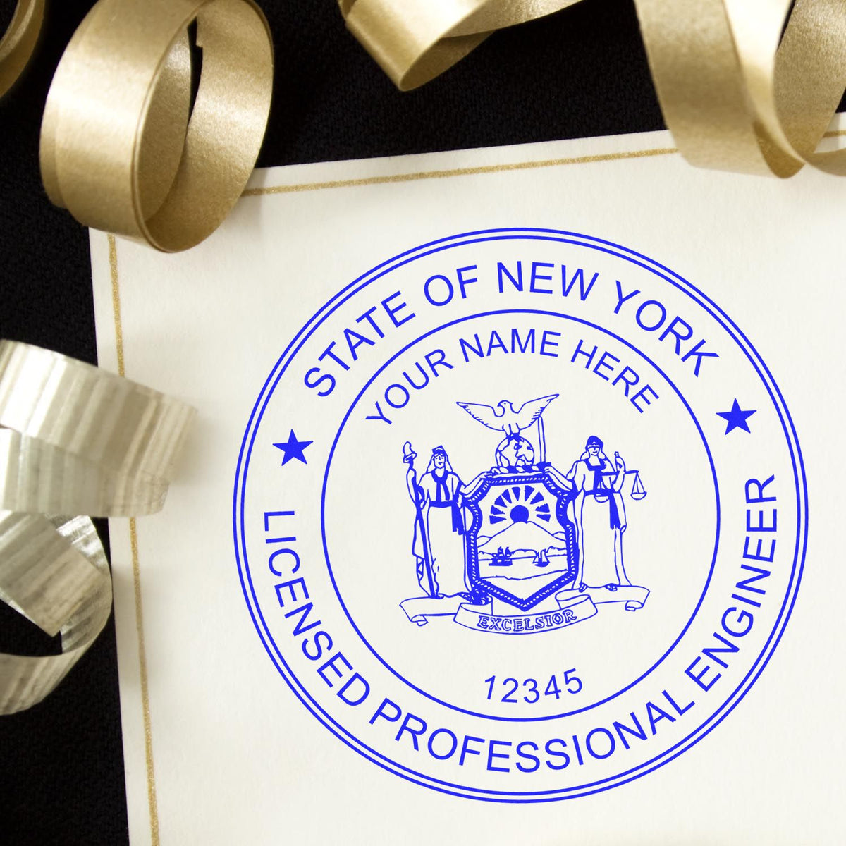 An alternative view of the New York Professional Engineer Seal Stamp stamped on a sheet of paper showing the image in use