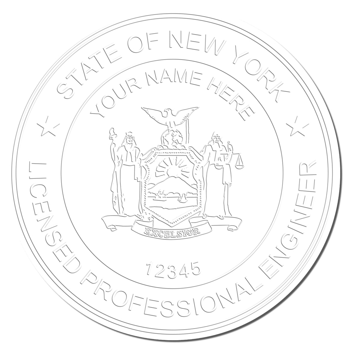 This paper is stamped with a sample imprint of the Heavy Duty Cast Iron New York Engineer Seal Embosser, signifying its quality and reliability.