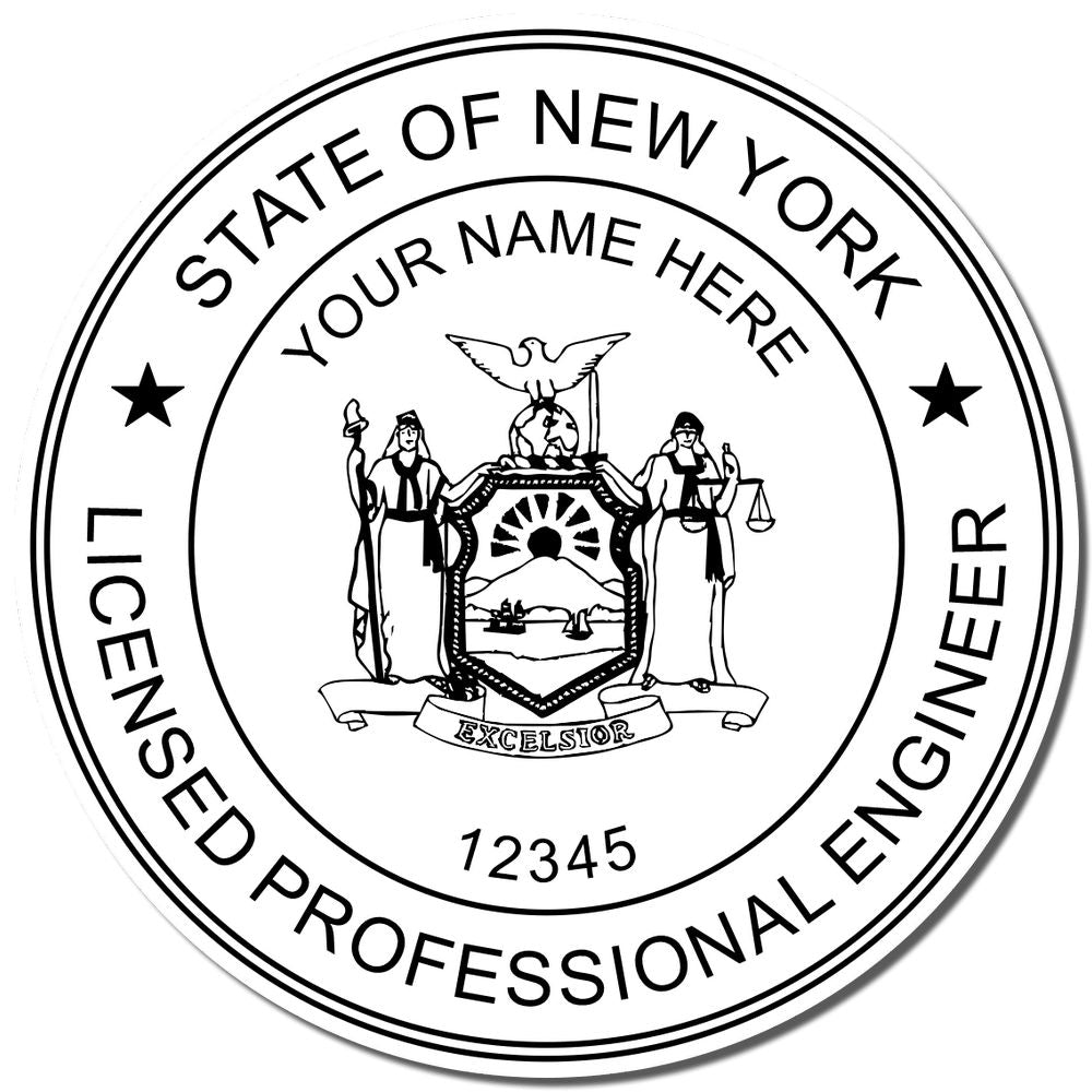 A photograph of the Self-Inking New York PE Stamp stamp impression reveals a vivid, professional image of the on paper.