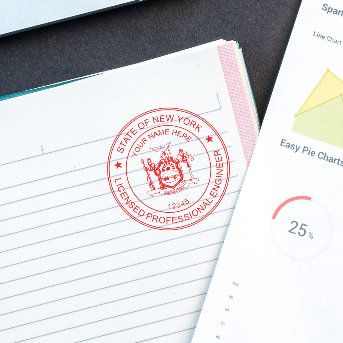 This paper is stamped with a sample imprint of the Digital New York PE Stamp and Electronic Seal for New York Engineer, signifying its quality and reliability.