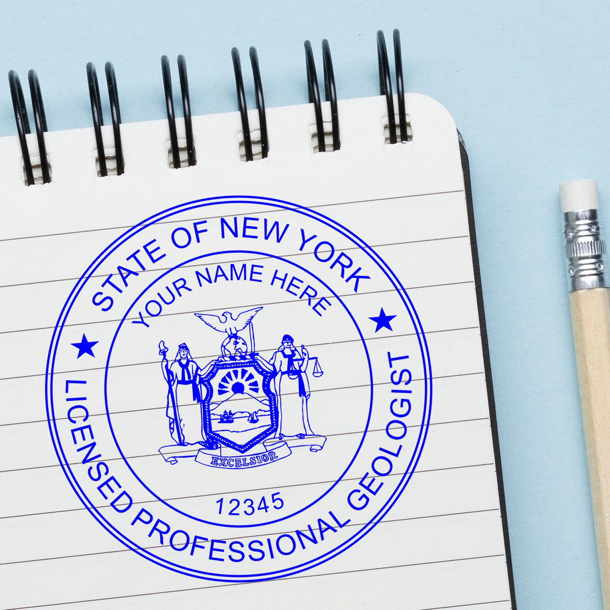 The Slim Pre-Inked New York Professional Geologist Seal Stamp stamp impression comes to life with a crisp, detailed image stamped on paper - showcasing true professional quality.
