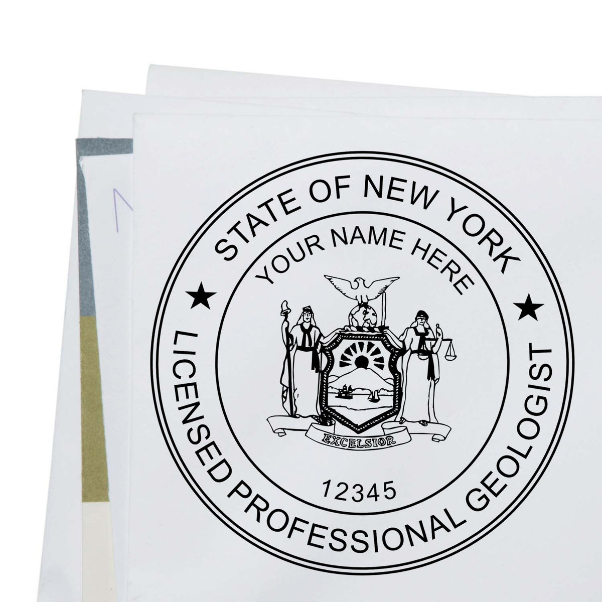 A lifestyle photo showing a stamped image of the Slim Pre-Inked New York Professional Geologist Seal Stamp on a piece of paper
