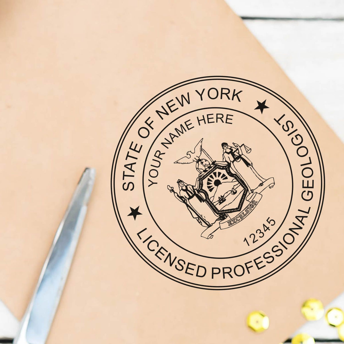 A lifestyle photo showing a stamped image of the Premium MaxLight Pre-Inked New York Geology Stamp on a piece of paper