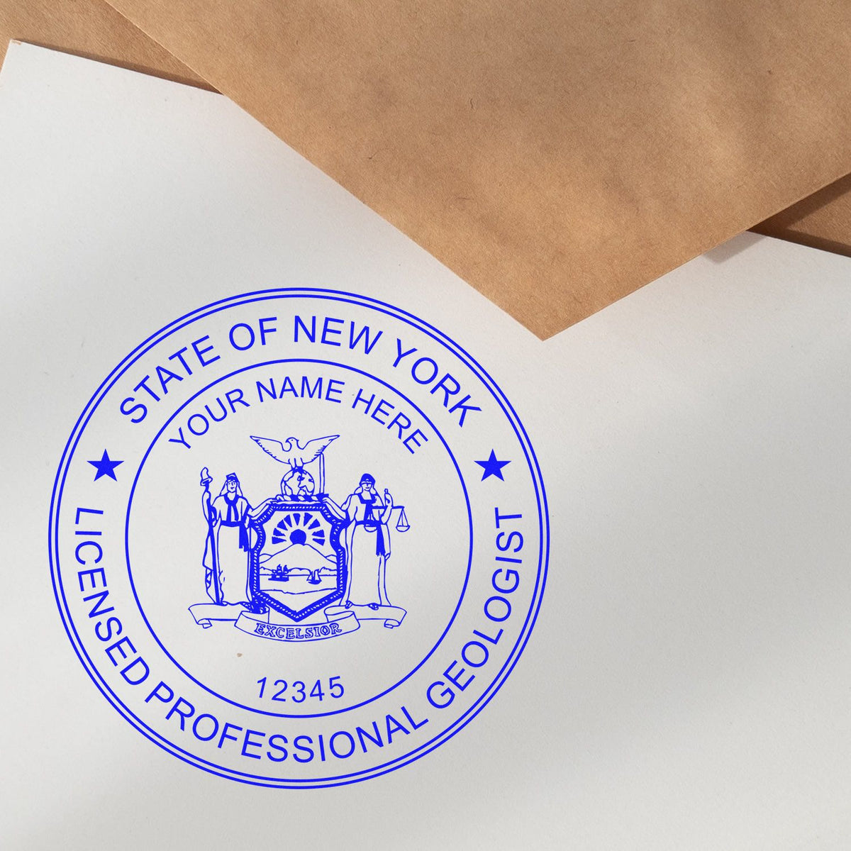 An alternative view of the Slim Pre-Inked New York Professional Geologist Seal Stamp stamped on a sheet of paper showing the image in use
