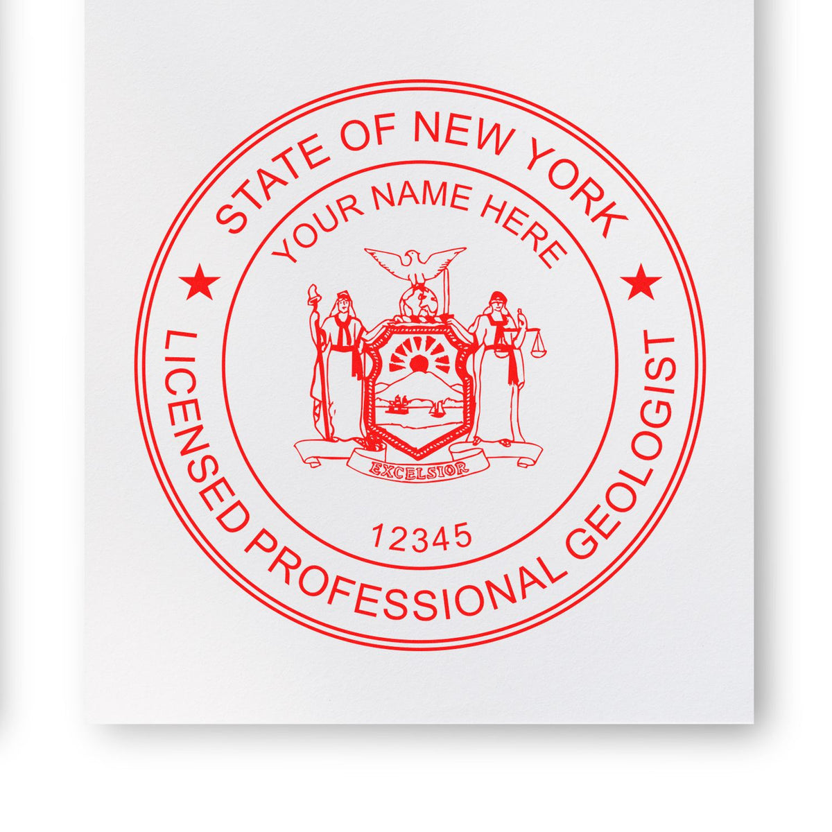 An in use photo of the Slim Pre-Inked New York Professional Geologist Seal Stamp showing a sample imprint on a cardstock