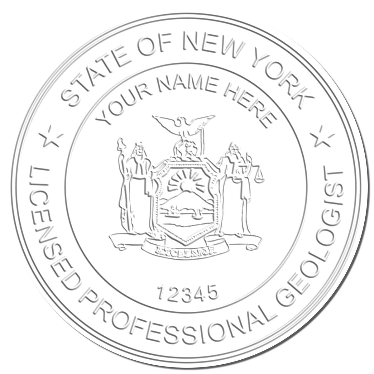 An in use photo of the Heavy Duty Cast Iron New York Geologist Seal Embosser showing a sample imprint on a cardstock