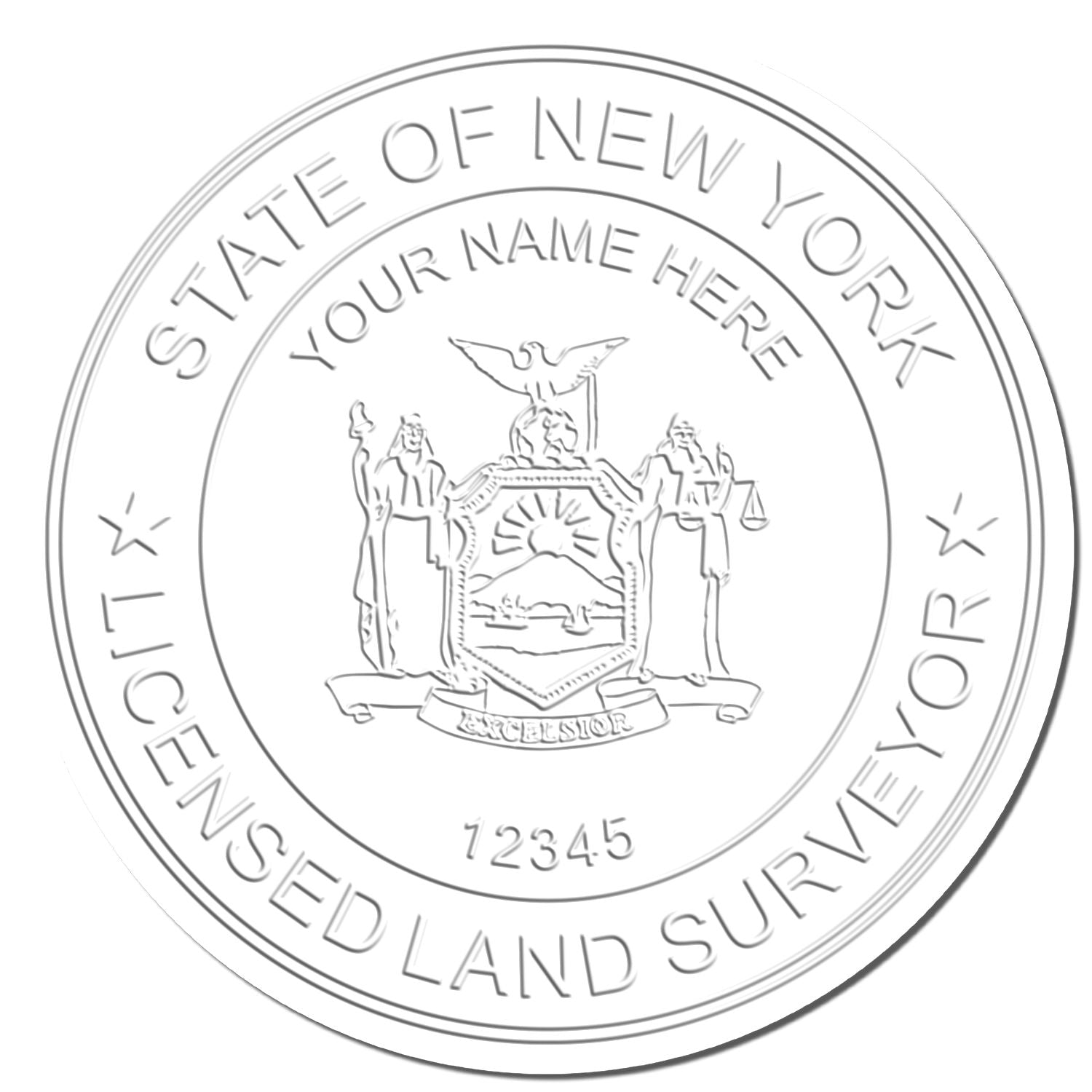 This paper is stamped with a sample imprint of the State of New York Soft Land Surveyor Embossing Seal, signifying its quality and reliability.