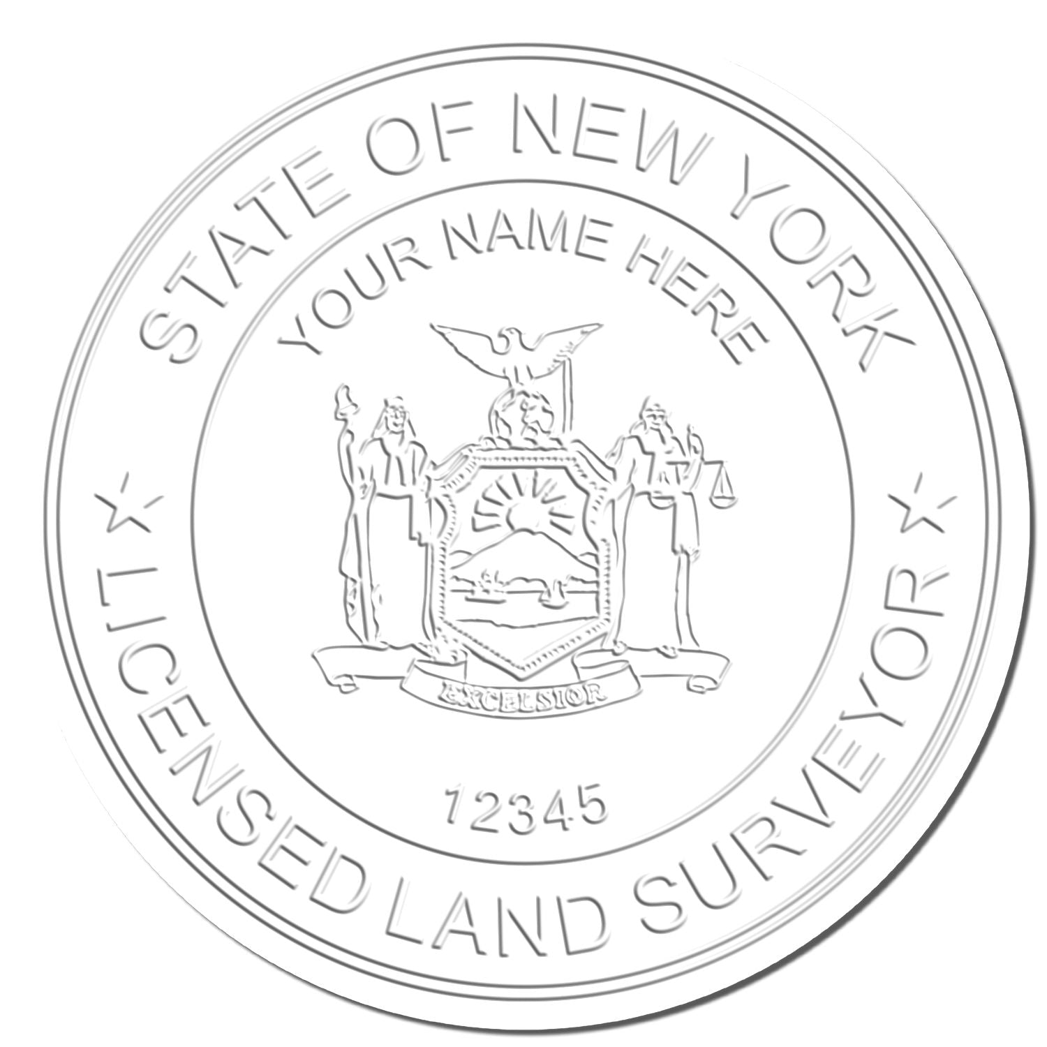 This paper is stamped with a sample imprint of the Heavy Duty Cast Iron New York Land Surveyor Seal Embosser, signifying its quality and reliability.