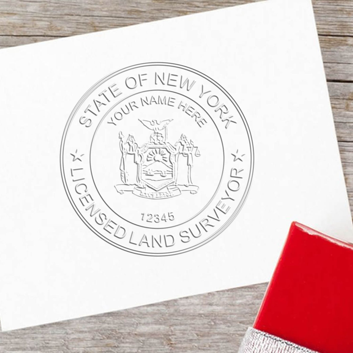 A photograph of the State of New York Soft Land Surveyor Embossing Seal stamp impression reveals a vivid, professional image of the on paper.