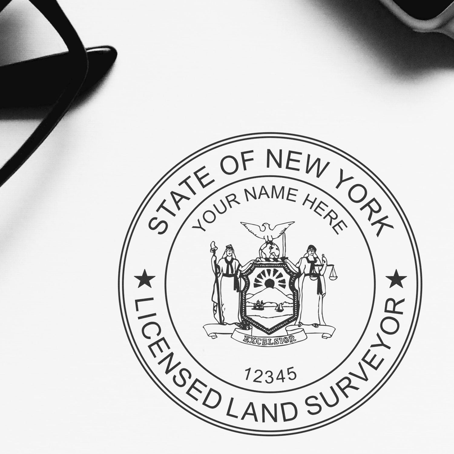 Digital New York Land Surveyor Stamp, Electronic Seal for New York Land Surveyor, displayed on a white surface with glasses nearby.