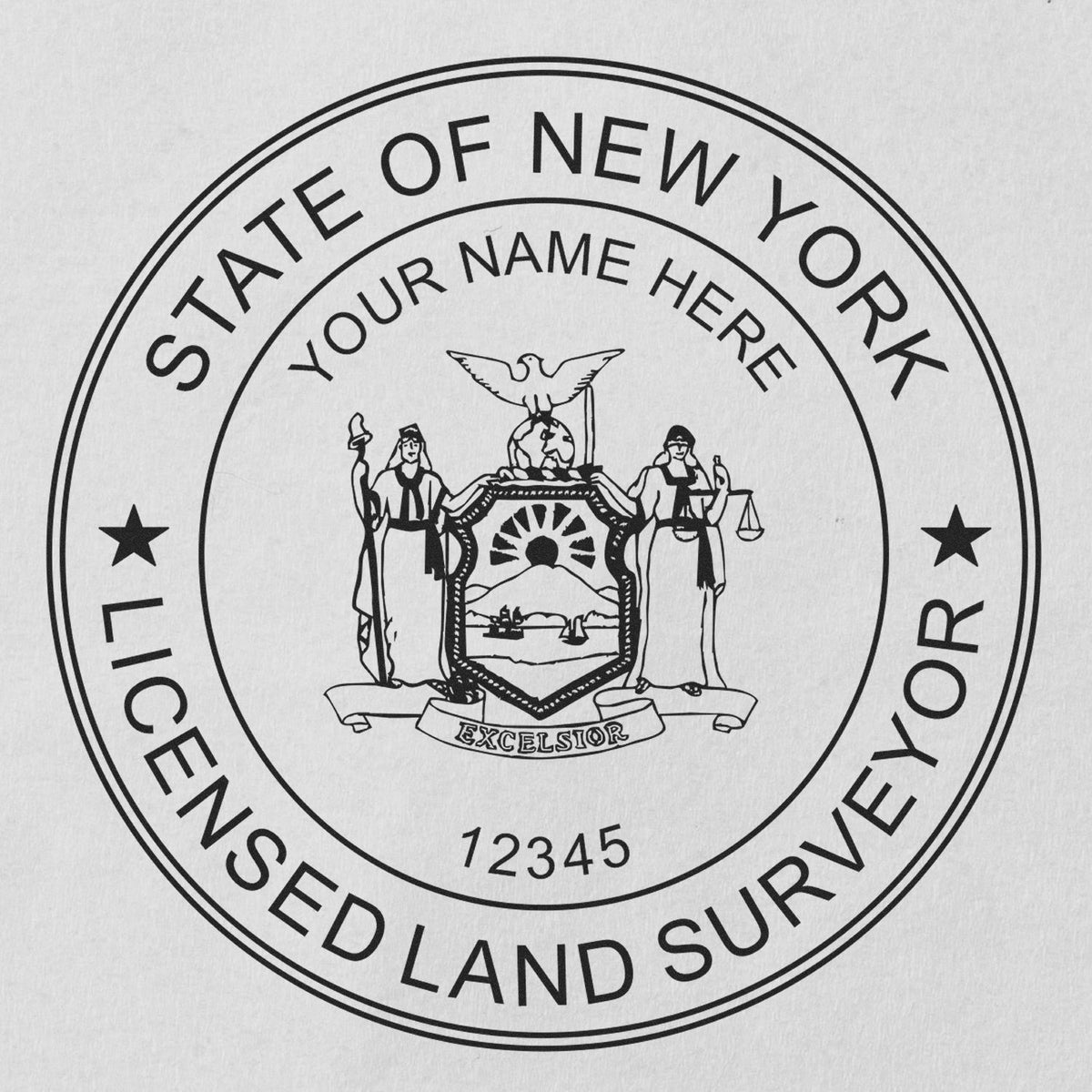 A lifestyle photo showing a stamped image of the Slim Pre-Inked New York Land Surveyor Seal Stamp on a piece of paper