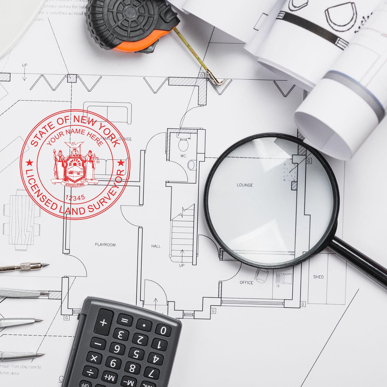 New York Land Surveyor Seal Stamp on architectural plans with a magnifying glass, calculator, and measuring tape.