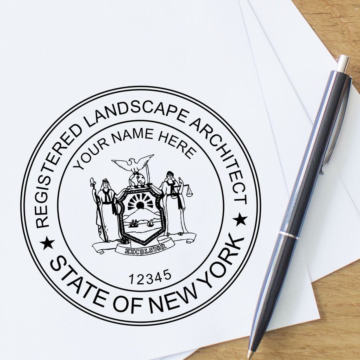A lifestyle photo showing a stamped image of the Digital New York Landscape Architect Stamp on a piece of paper