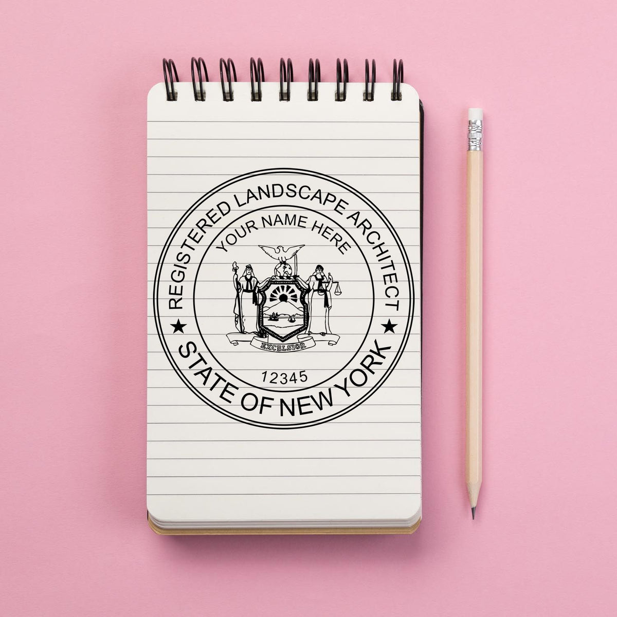 This paper is stamped with a sample imprint of the Slim Pre-Inked New York Landscape Architect Seal Stamp, signifying its quality and reliability.