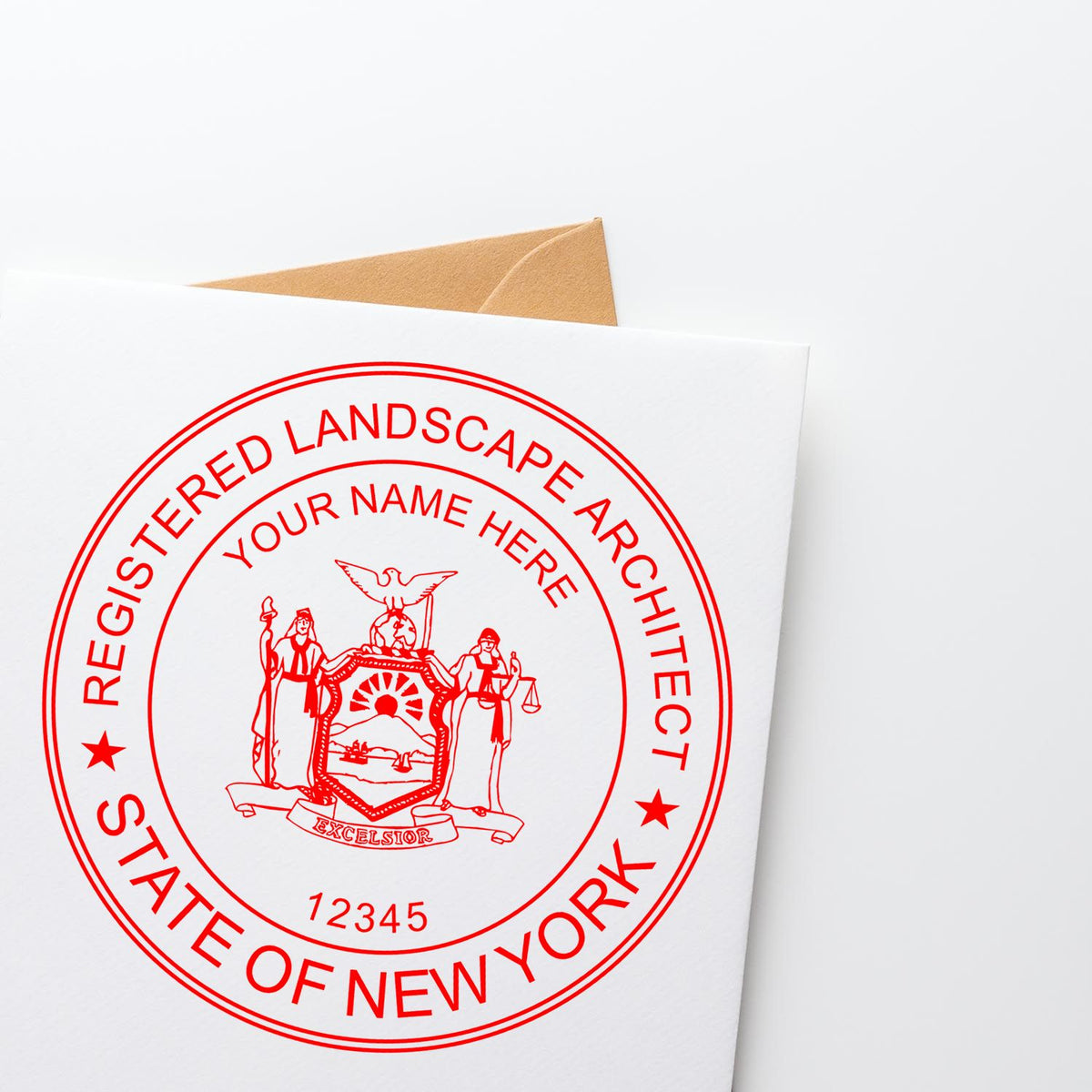 A stamped impression of the Slim Pre-Inked New York Landscape Architect Seal Stamp in this stylish lifestyle photo, setting the tone for a unique and personalized product.