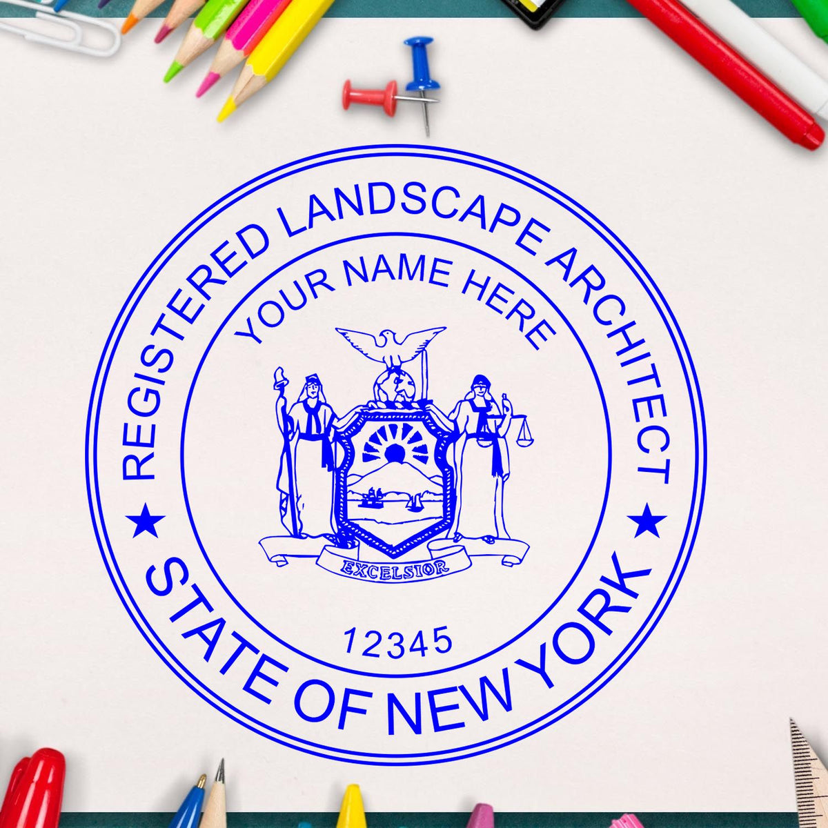 This paper is stamped with a sample imprint of the Self-Inking New York Landscape Architect Stamp, signifying its quality and reliability.