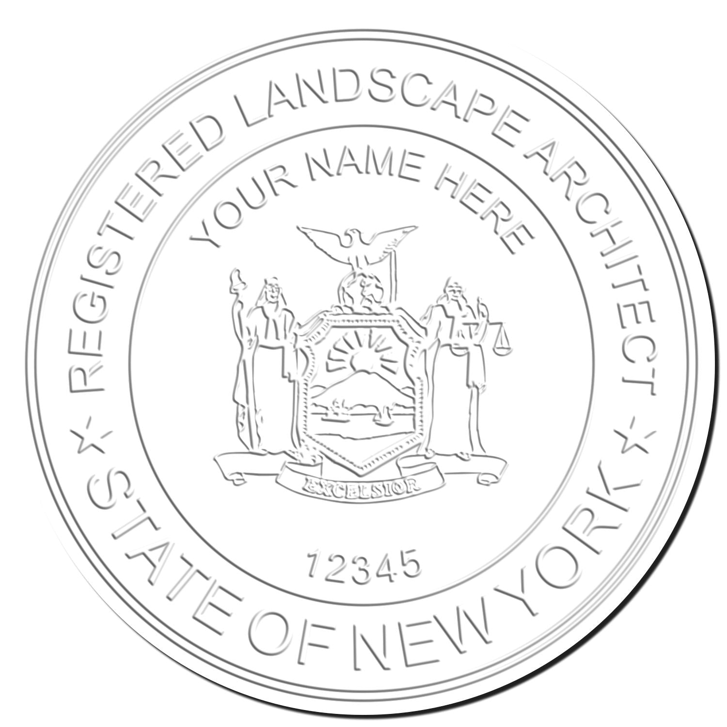 This paper is stamped with a sample imprint of the Heavy Duty New York Landscape Architect Cast Iron Embosser, signifying its quality and reliability.