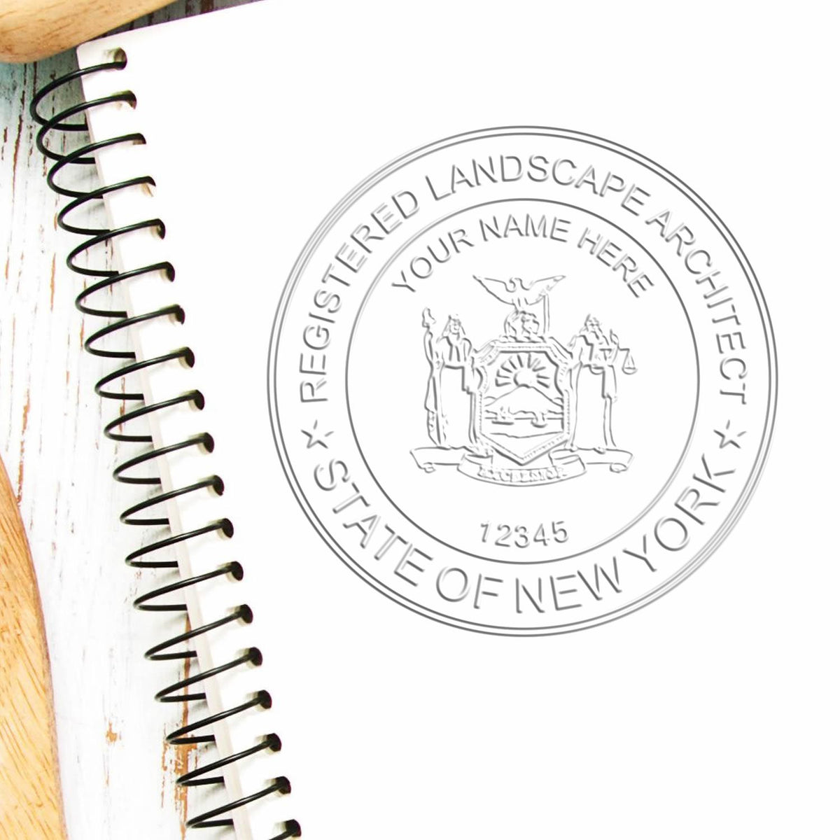 A photograph of the Hybrid New York Landscape Architect Seal stamp impression reveals a vivid, professional image of the on paper.