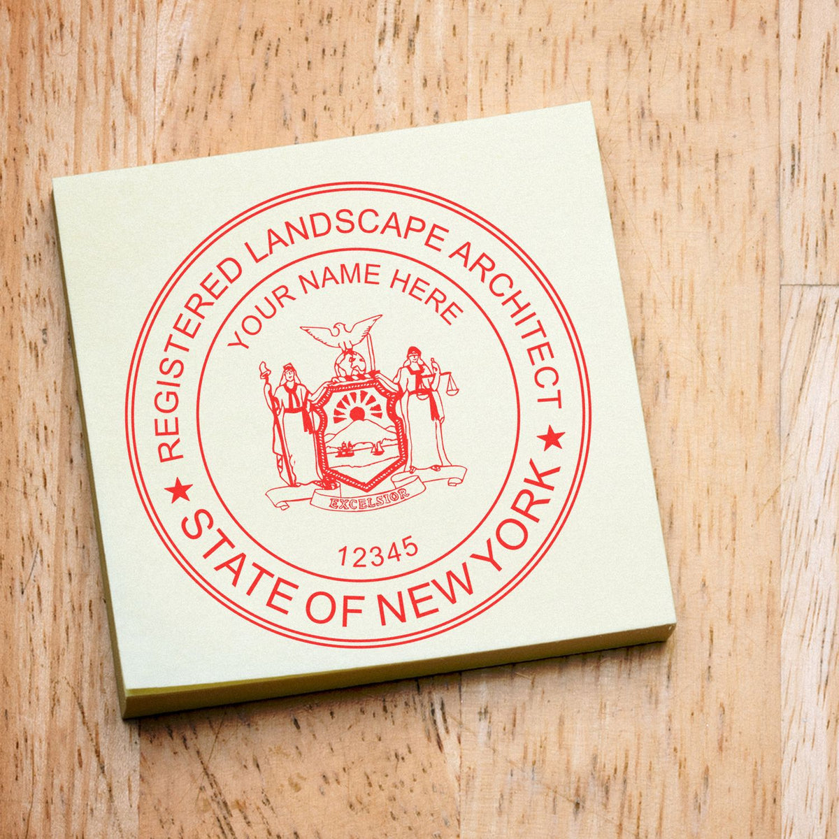 An alternative view of the Slim Pre-Inked New York Landscape Architect Seal Stamp stamped on a sheet of paper showing the image in use