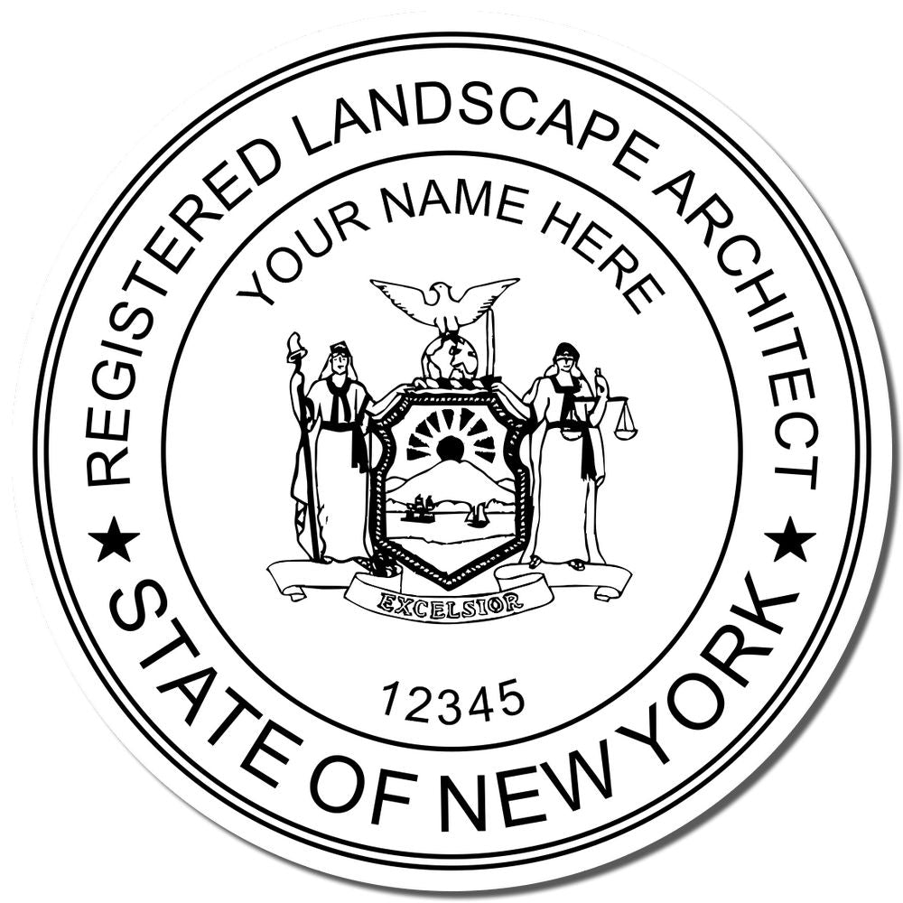 A lifestyle photo showing a stamped image of the Slim Pre-Inked New York Landscape Architect Seal Stamp on a piece of paper