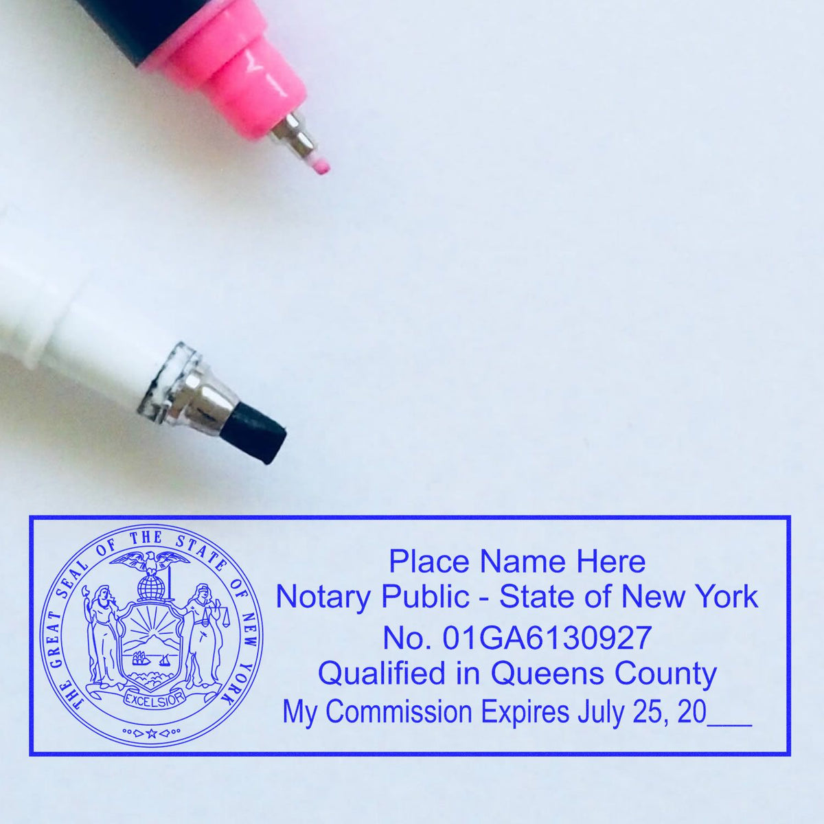 A lifestyle photo showing a stamped image of the Wooden Handle New York State Seal Notary Public Stamp on a piece of paper