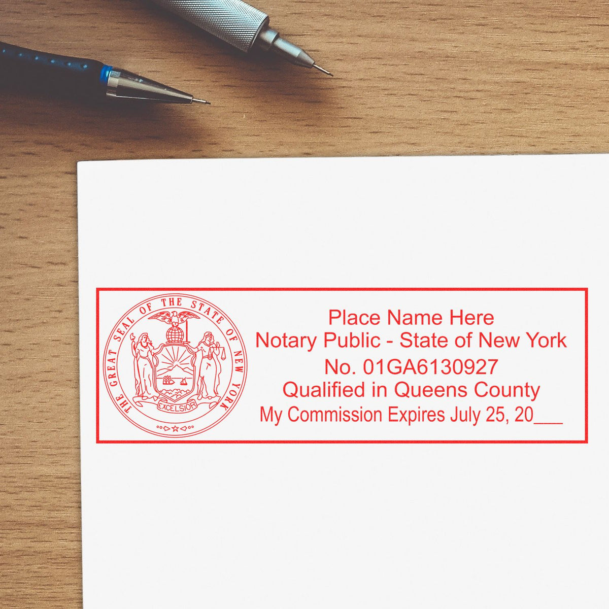An alternative view of the Slim Pre-Inked State Seal Notary Stamp for New York stamped on a sheet of paper showing the image in use