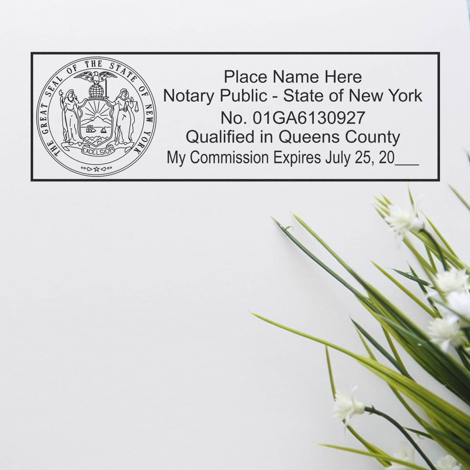 The main image for the Wooden Handle New York State Seal Notary Public Stamp depicting a sample of the imprint and electronic files