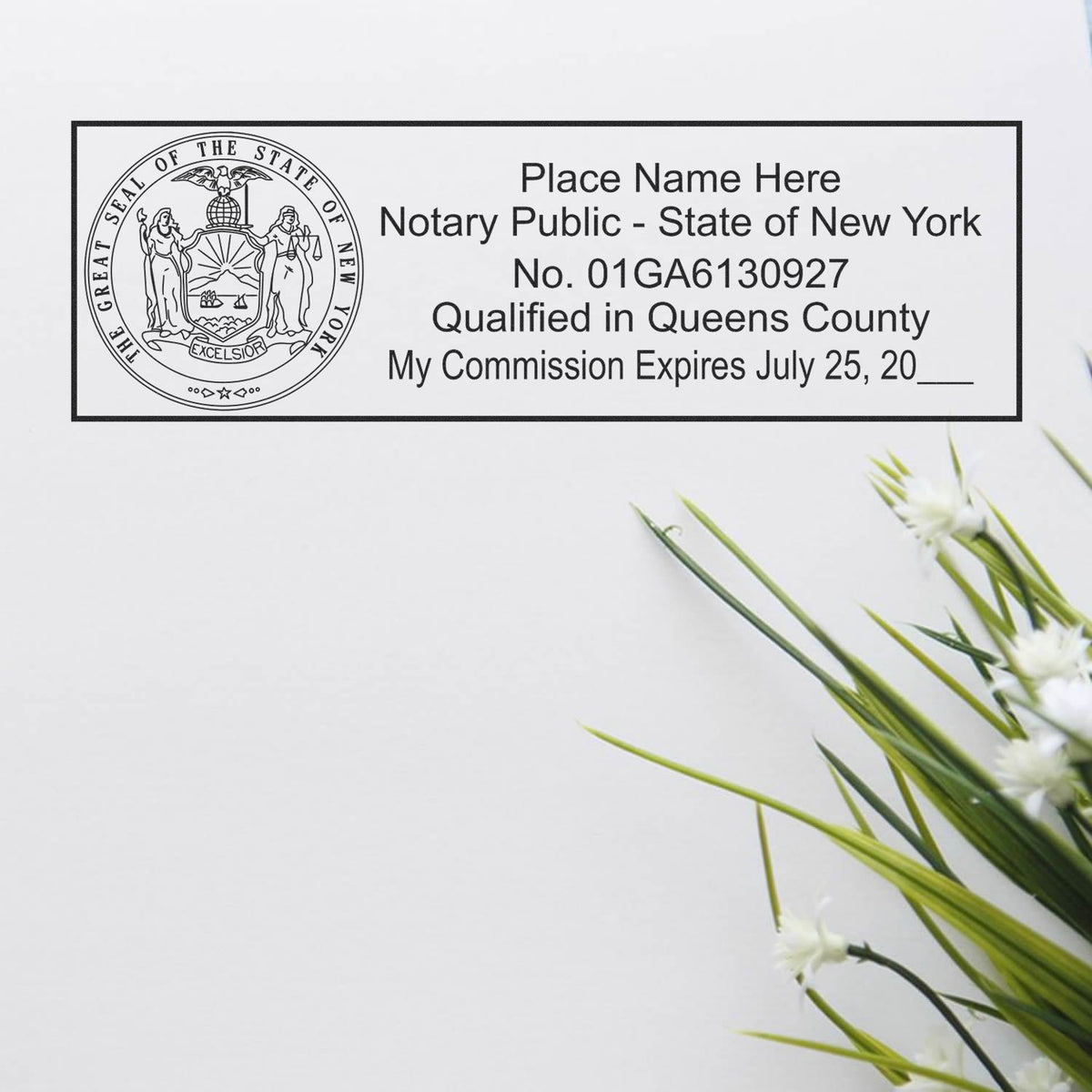 A lifestyle photo showing a stamped image of the Heavy-Duty New York Rectangular Notary Stamp on a piece of paper