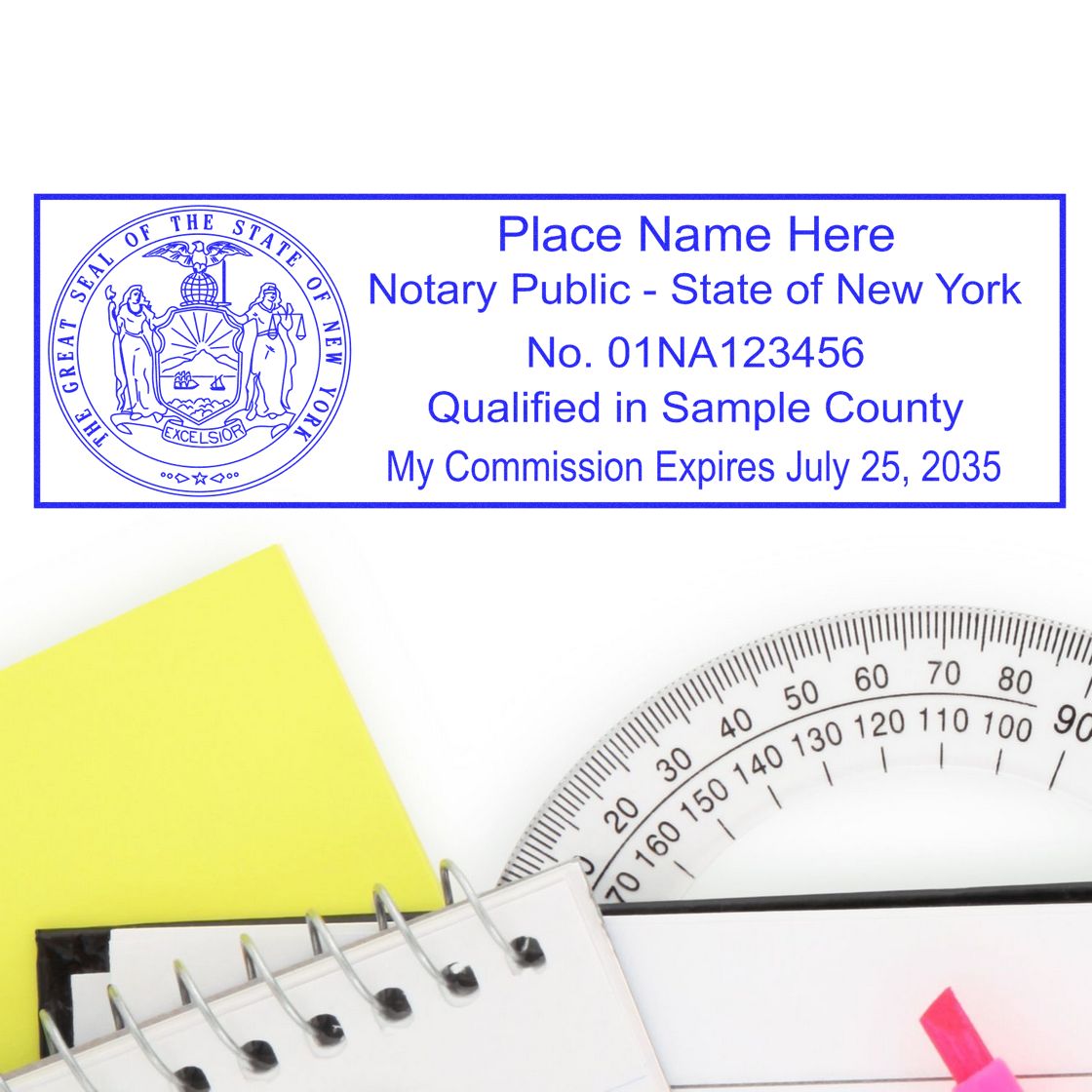 This paper is stamped with a sample imprint of the Wooden Handle New York State Seal Notary Public Stamp, signifying its quality and reliability.