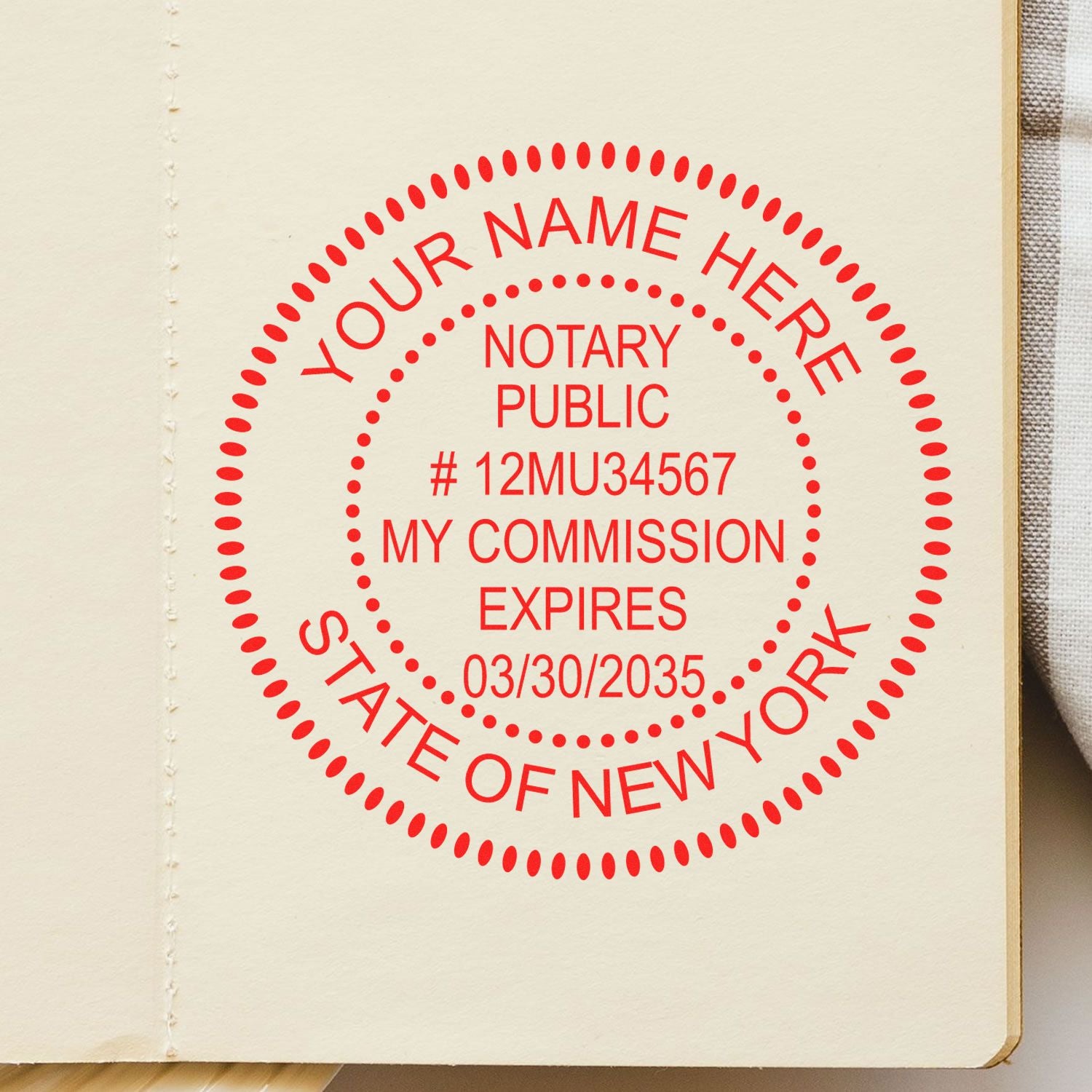 A stamped impression of the Slim Pre-Inked Round Notary Stamp for New York in this stylish lifestyle photo, setting the tone for a unique and personalized product.