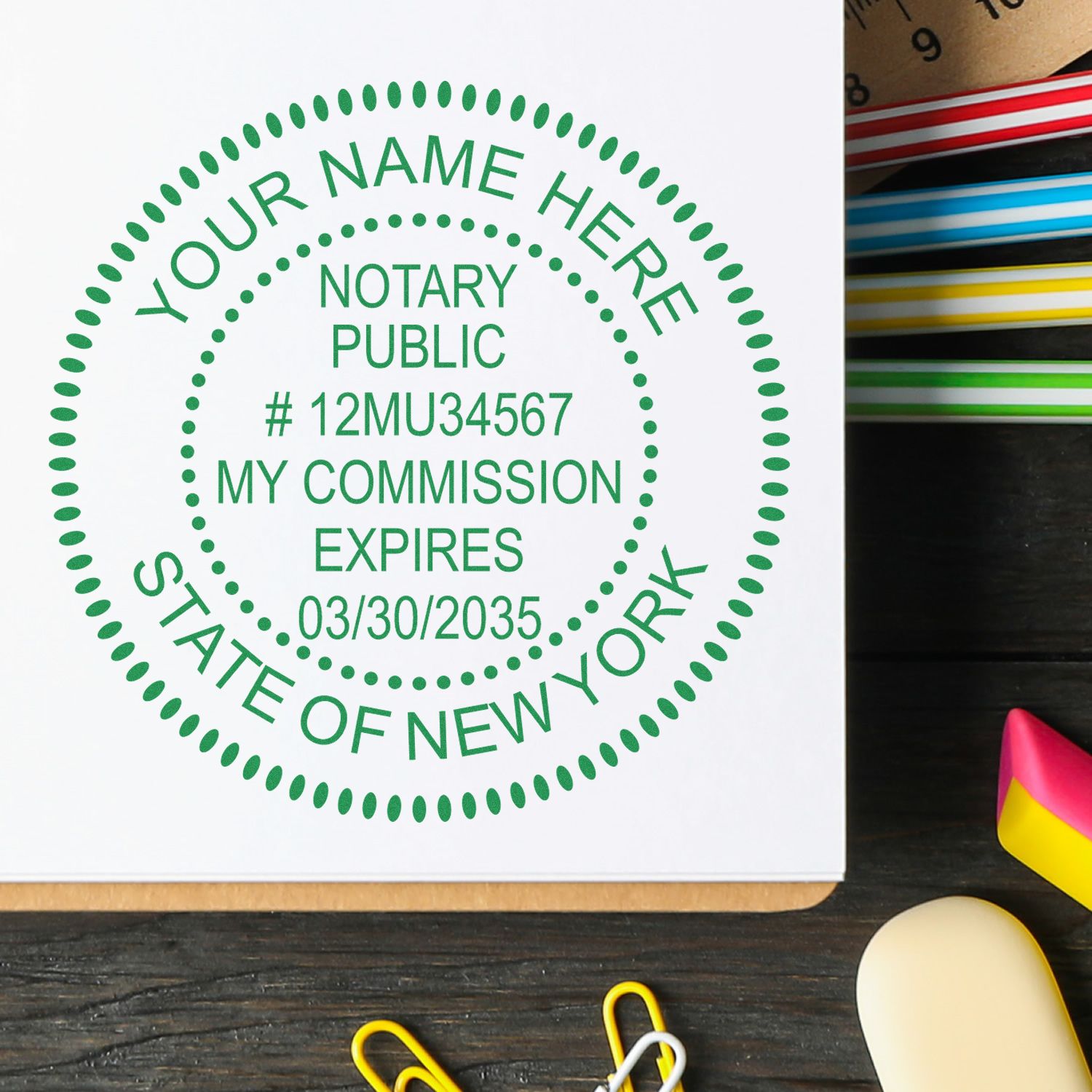 The Slim Pre-Inked Round Notary Stamp for New York stamp impression comes to life with a crisp, detailed photo on paper - showcasing true professional quality.