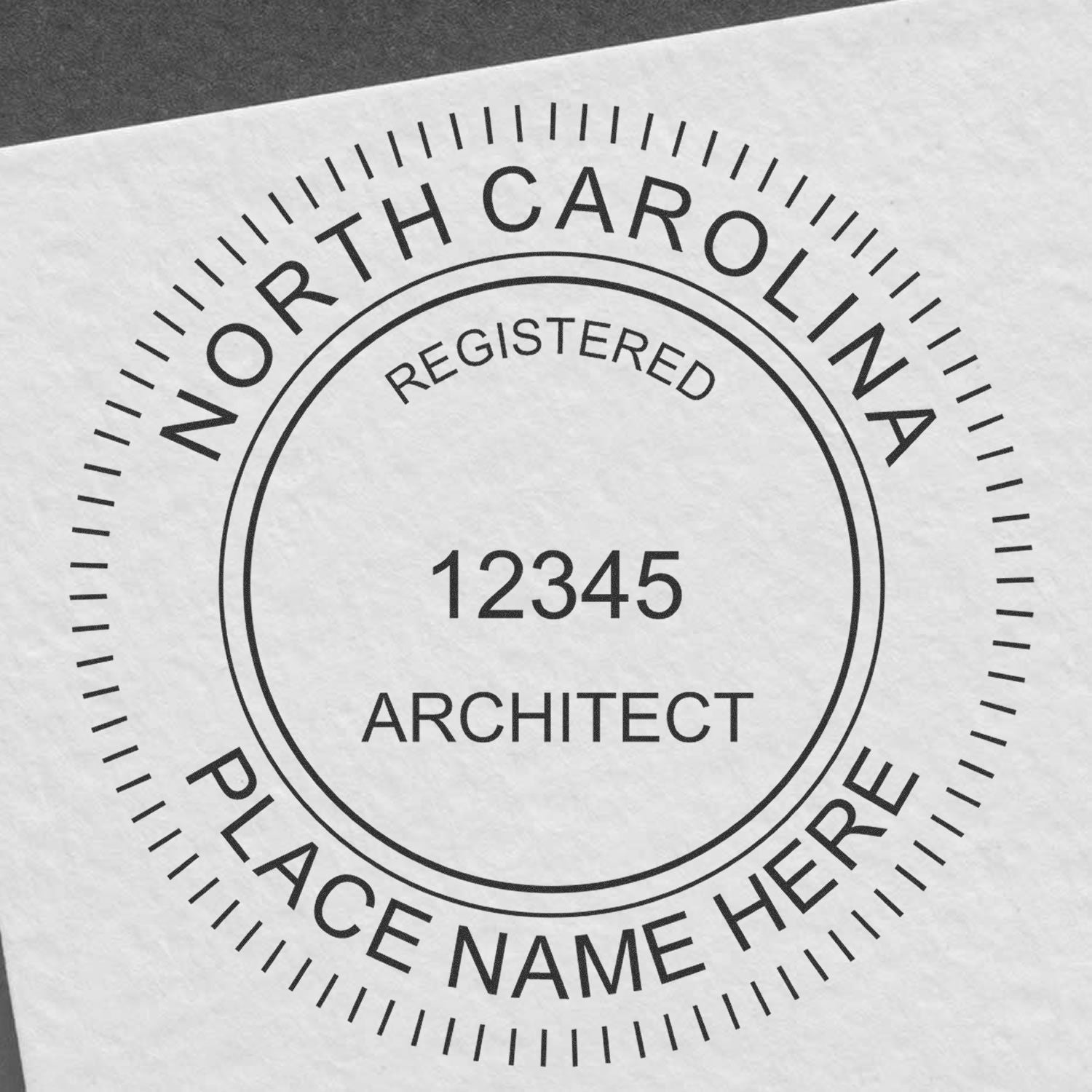 Slim Pre-Inked North Carolina Architect Seal Stamp in use photo showing a stamped imprint of the Slim Pre-Inked North Carolina Architect Seal Stamp
