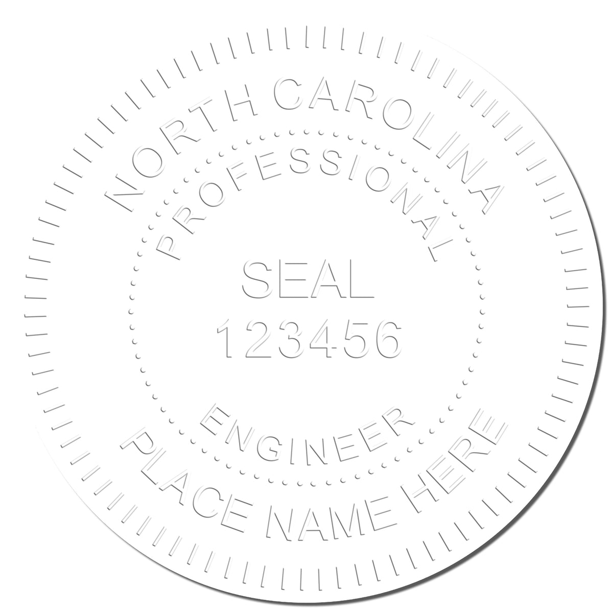 A photograph of the Handheld North Carolina Professional Engineer Embosser stamp impression reveals a vivid, professional image of the on paper.