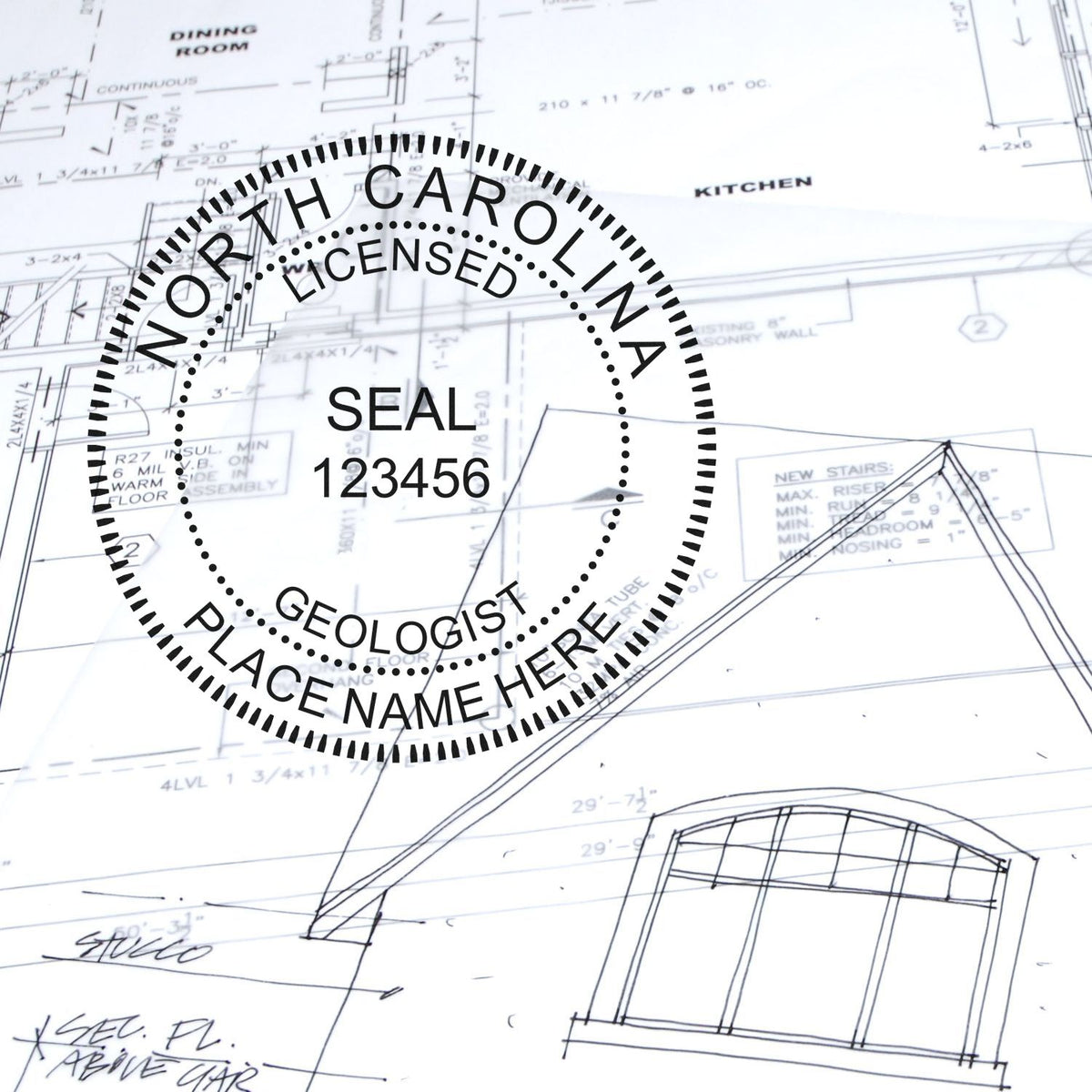 A lifestyle photo showing a stamped image of the Premium MaxLight Pre-Inked North Carolina Geology Stamp on a piece of paper