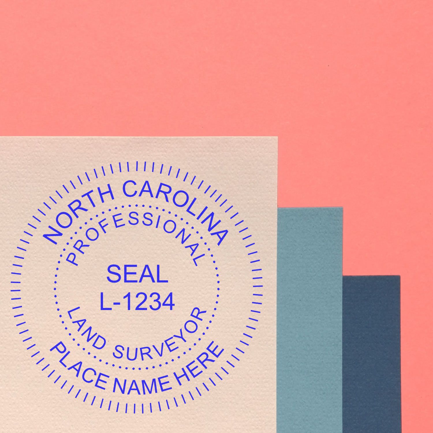 North Carolina Land Surveyor Seal Stamp, NC PLS Stamp, displayed on a document with a pink and blue background.