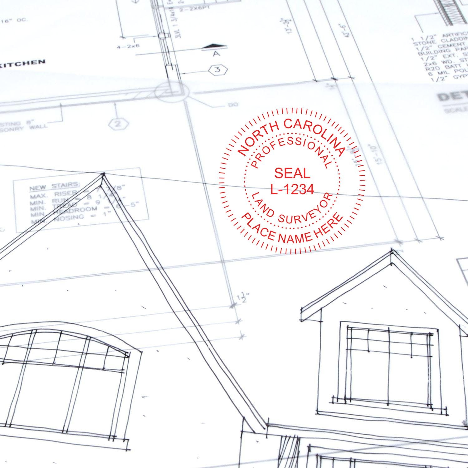 North Carolina Land Surveyor Seal Stamp, NC PLS Stamp on architectural blueprint with house drawing and technical details.