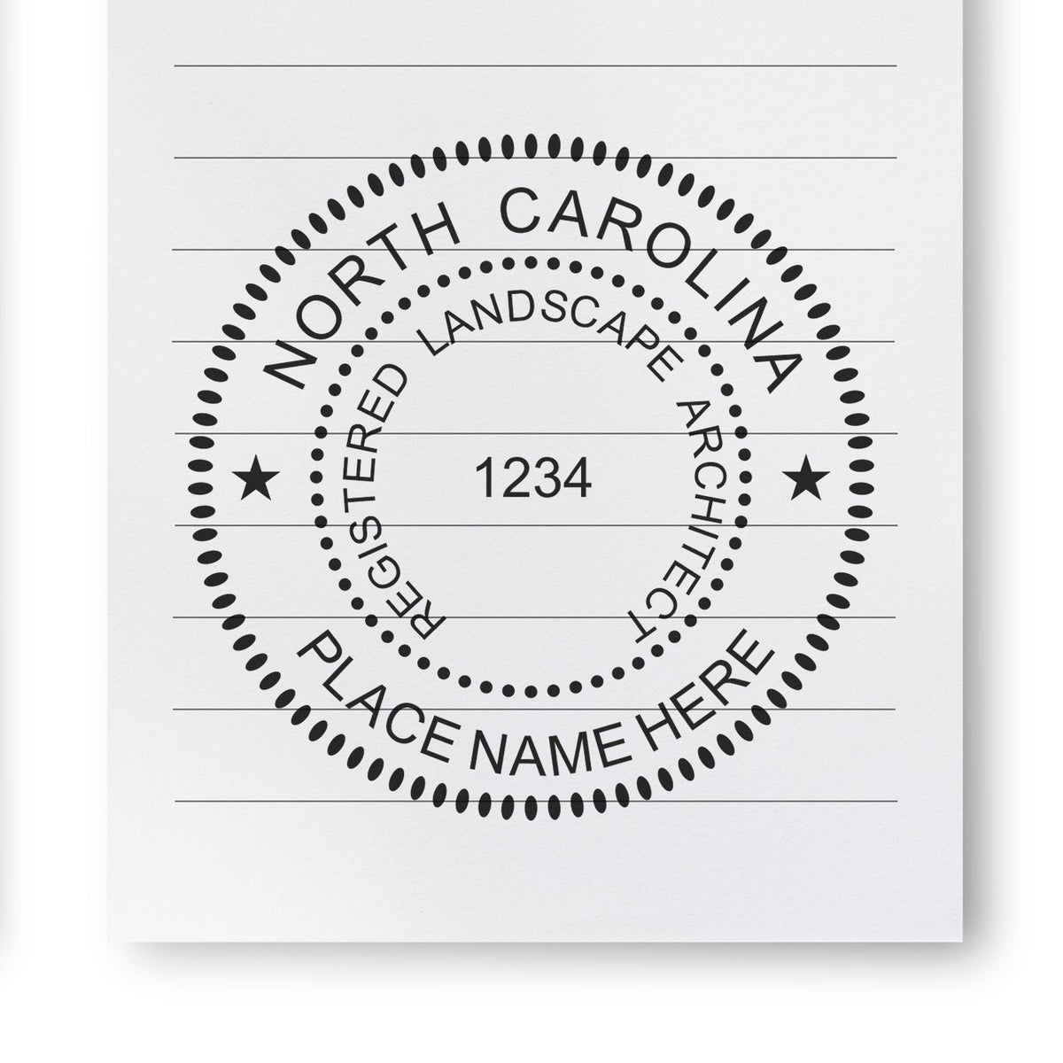 This paper is stamped with a sample imprint of the Premium MaxLight Pre-Inked North Carolina Landscape Architectural Stamp, signifying its quality and reliability.
