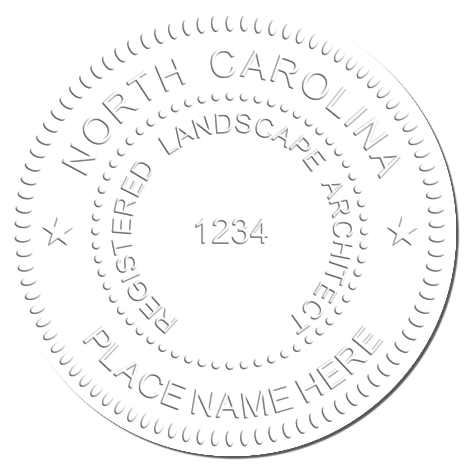 This paper is stamped with a sample imprint of the Heavy Duty North Carolina Landscape Architect Cast Iron Embosser, signifying its quality and reliability.