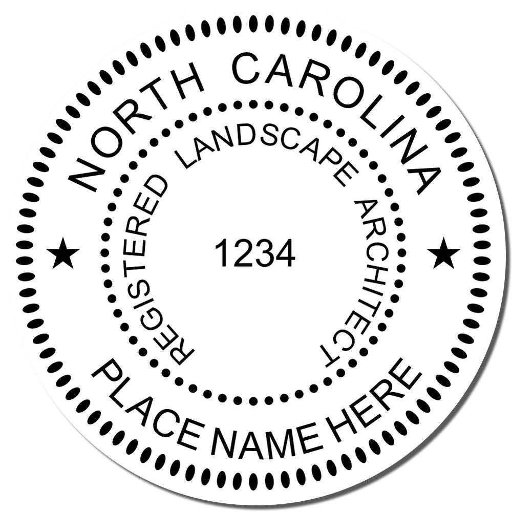A lifestyle photo showing a stamped image of the Slim Pre-Inked North Carolina Landscape Architect Seal Stamp on a piece of paper