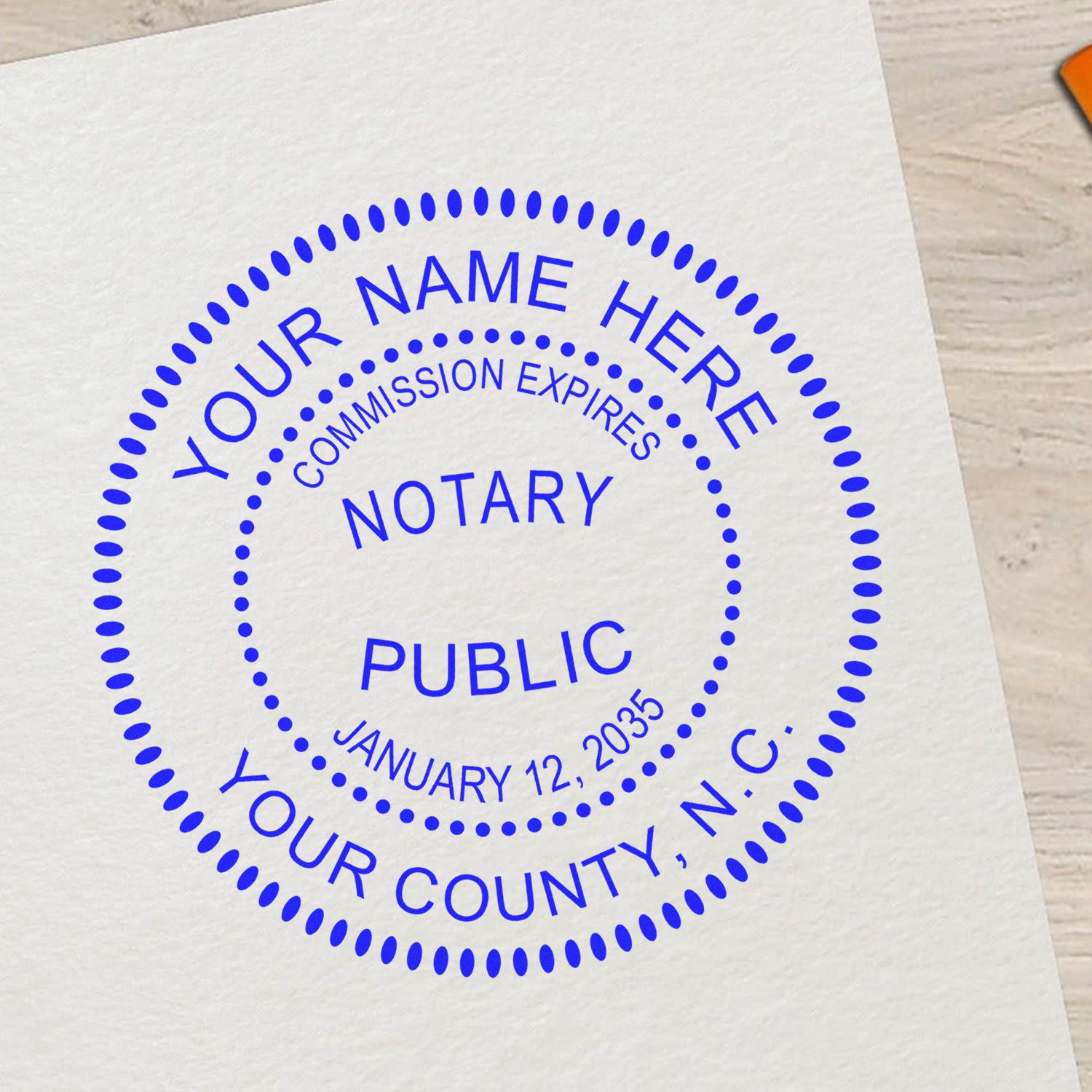 The PSI Pre-Inked North Carolina Notary Stamp stamp impression comes to life with a crisp, detailed photo on paper - showcasing true professional quality.