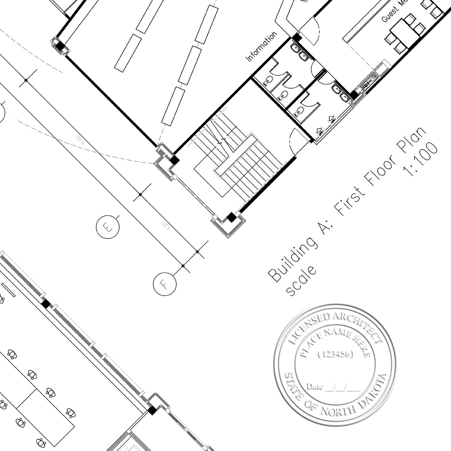 Handheld North Dakota Architect Seal Embosser in use photo showing a stamped imprint of the Handheld North Dakota Architect Seal Embosser