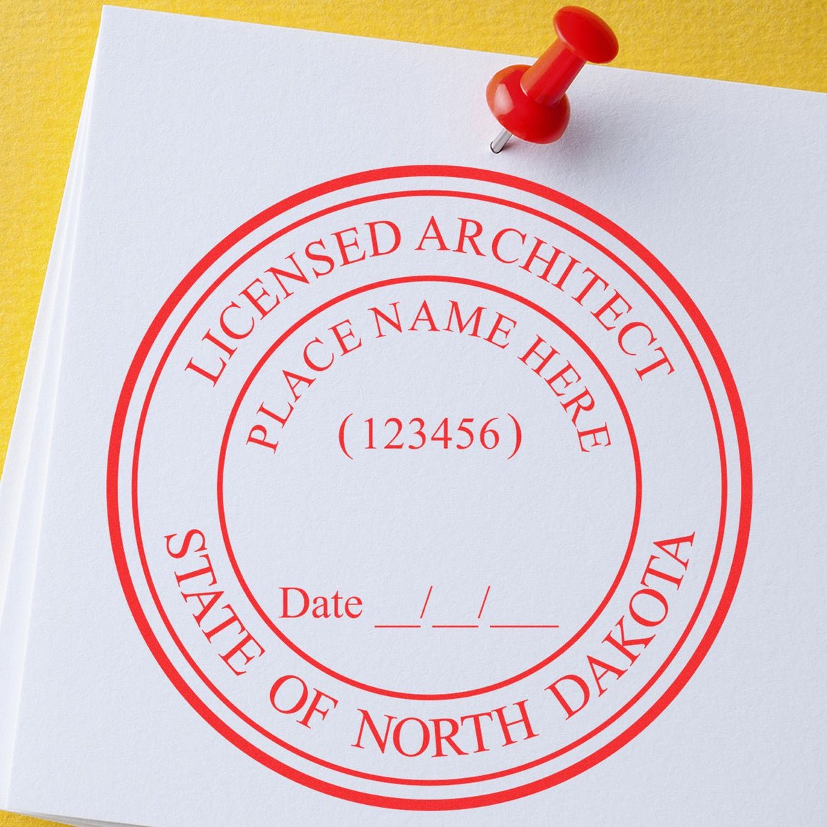 Slim Pre-Inked North Dakota Architect Seal Stamp in use photo showing a stamped imprint of the Slim Pre-Inked North Dakota Architect Seal Stamp