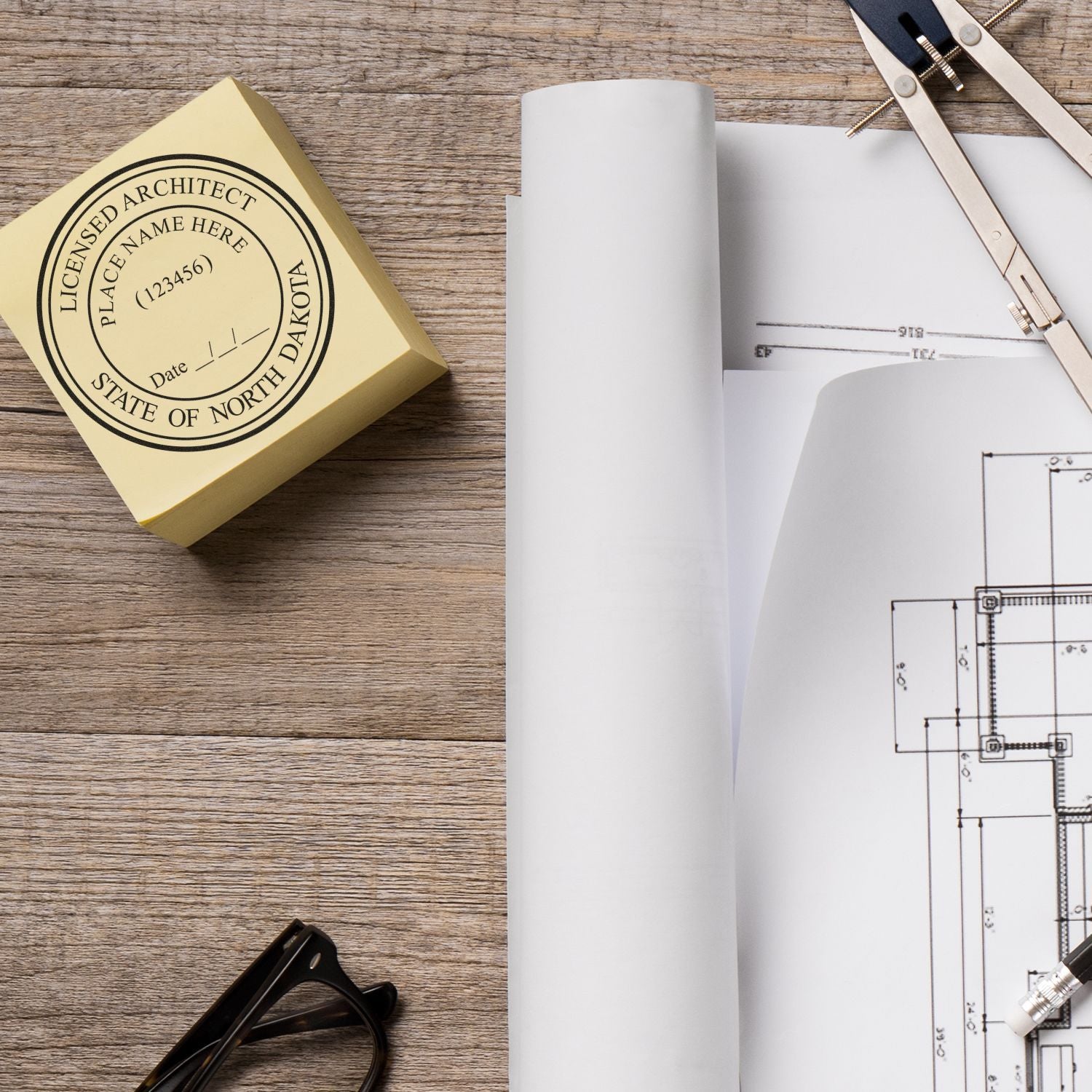 North Dakota Architect Seal Stamp on a wooden desk with architectural blueprints, a compass, and glasses.