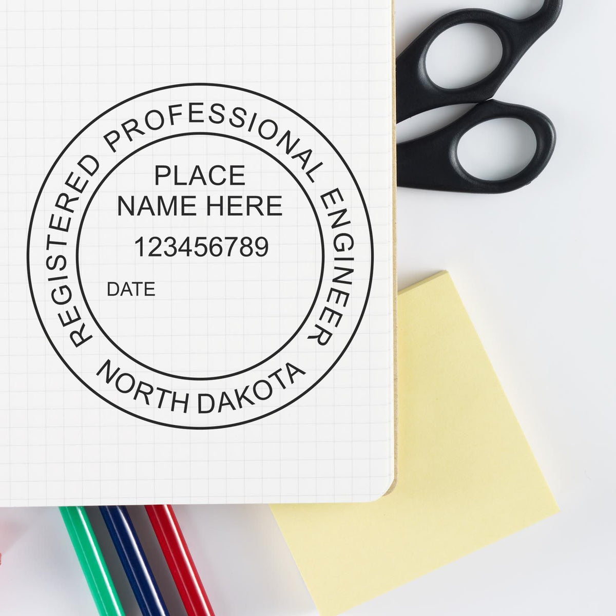 A stamped impression of the Digital North Dakota PE Stamp and Electronic Seal for North Dakota Engineer in this stylish lifestyle photo, setting the tone for a unique and personalized product.
