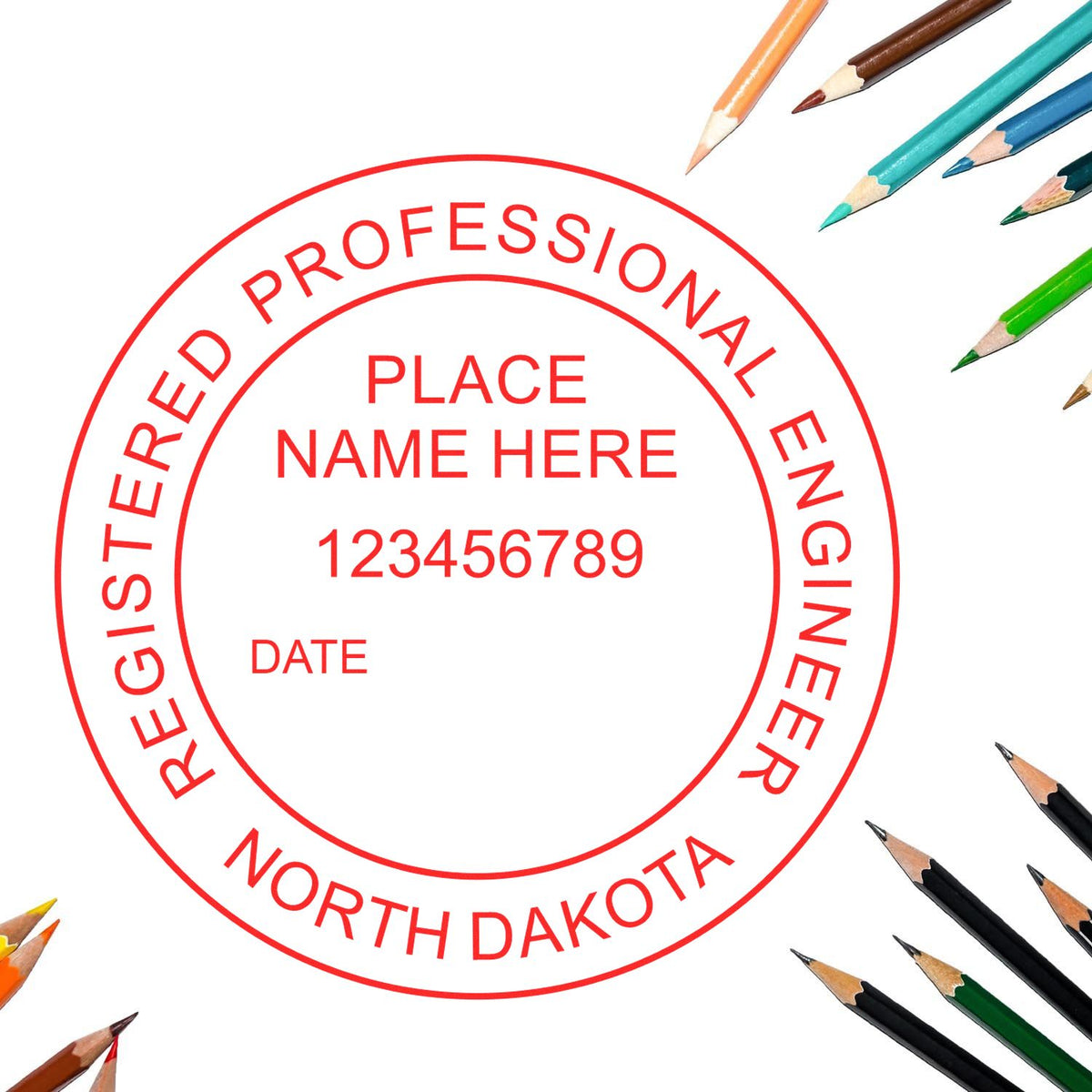 A lifestyle photo showing a stamped image of the North Dakota Professional Engineer Seal Stamp on a piece of paper