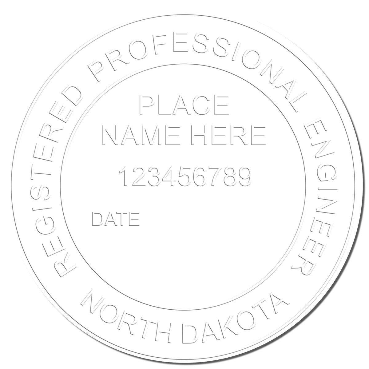 A photograph of the Handheld North Dakota Professional Engineer Embosser stamp impression reveals a vivid, professional image of the on paper.