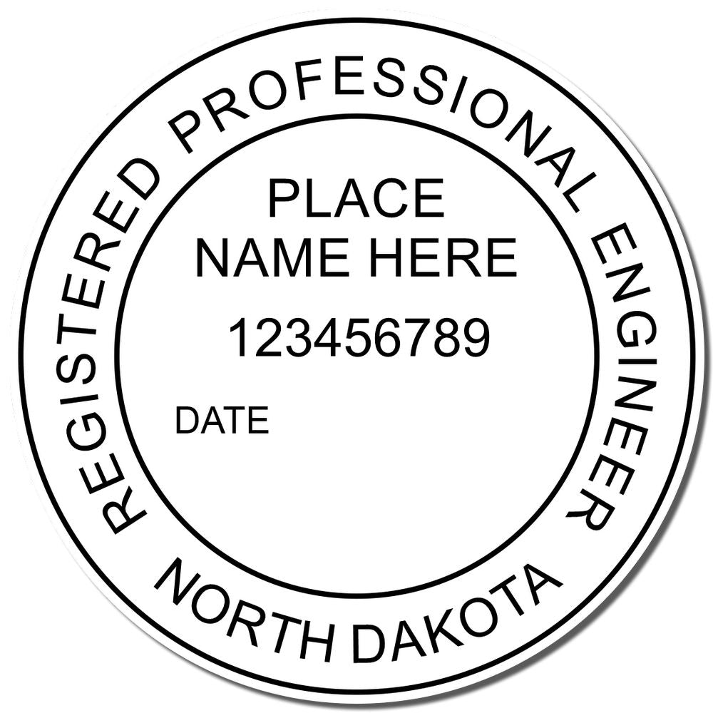 A photograph of the Slim Pre-Inked North Dakota Professional Engineer Seal Stamp stamp impression reveals a vivid, professional image of the on paper.