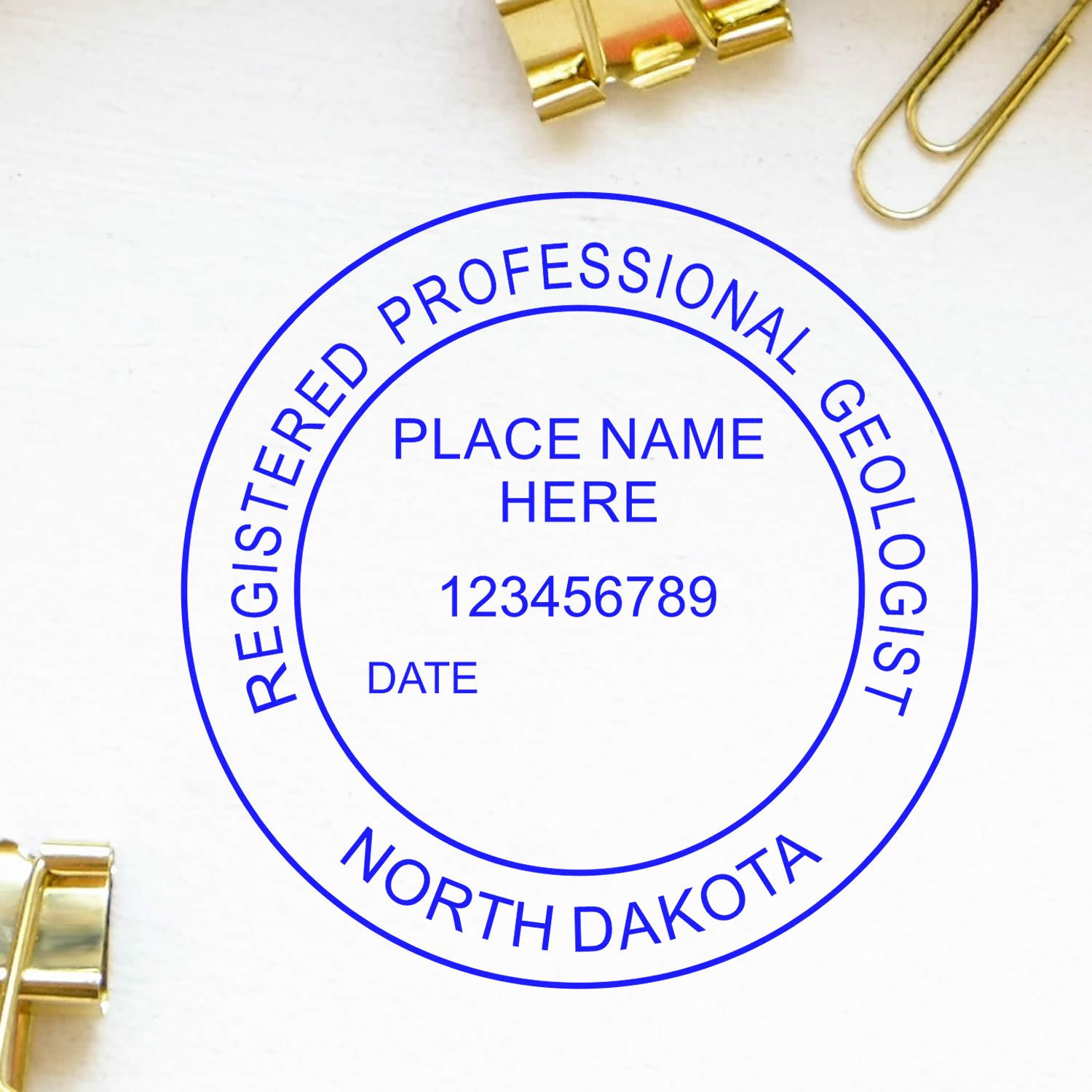 An alternative view of the Slim Pre-Inked North Dakota Professional Geologist Seal Stamp stamped on a sheet of paper showing the image in use